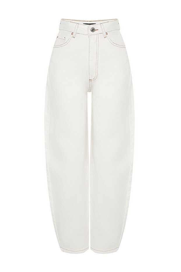 Beyaz Yüksek Bel Barrel %100 Pamuk Non-Stretch Jeans TWOSS23JE00295 - 10