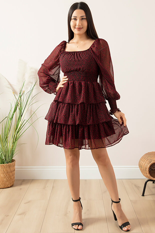 Çiçekli Kat Kat Şifon Elbise 793-2831-2 - 6