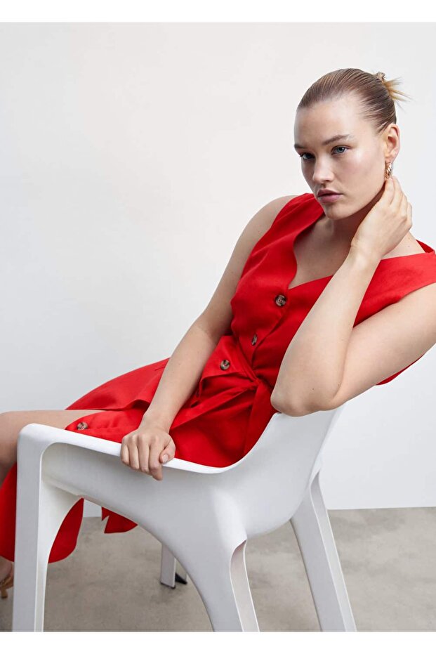 %100 Keten Gömlek Elbise - 8