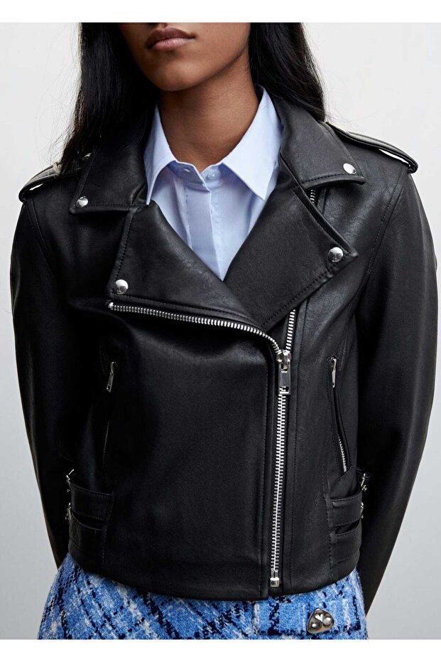 Deri Görünümlü Biker Ceket - 6