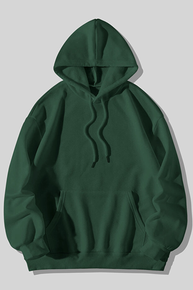 3 Thread Thick Fluffy Unprinted Green Unisex Kangaroo Pocket Hooded Sweatshirt Hoodie