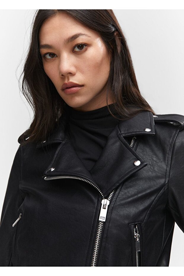 Deri Görünümlü Biker Ceket - 8
