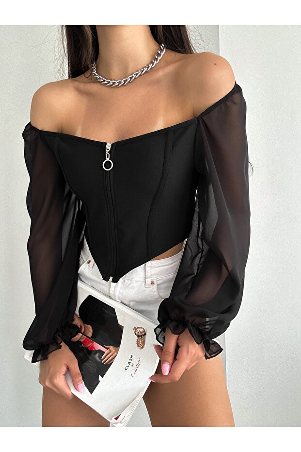 Női fekete sifon cipzáras, hosszú ujjú Crop blúz - 4