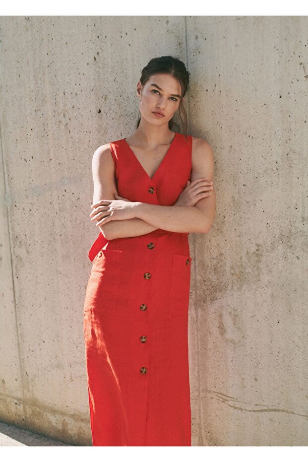 %100 Keten Gömlek Elbise - 5