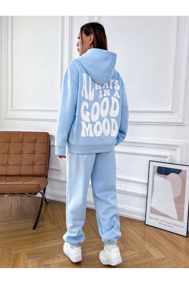 Good Mood Kapüşonlu Kombin Alt Üst Eşofman Takımı - Bebe Mavisi Baskılı Oversize Lastik Paça - 3