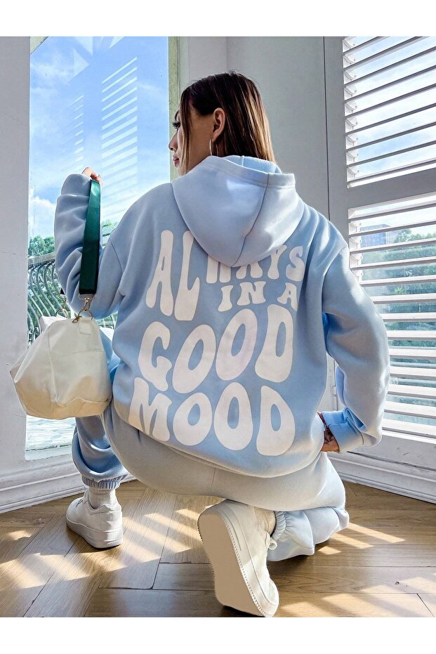 Good Mood Kapüşonlu Kombin Alt Üst Eşofman Takımı - Bebe Mavisi Baskılı Oversize Lastik Paça - 6