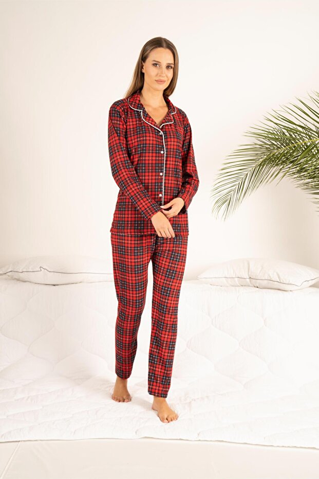 Plaid Patterned Buttoned Pijama Set - 4