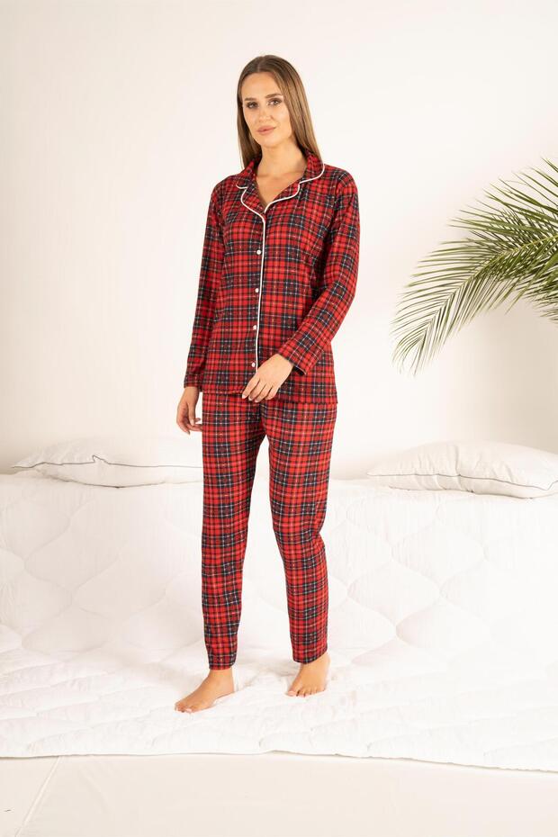 Plaid Patterned Buttoned Pijama Set - 5