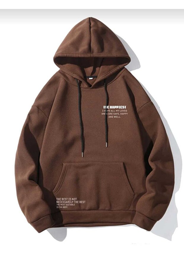 Unisex Beige The Happiest Printed Hooded Sweatshirt