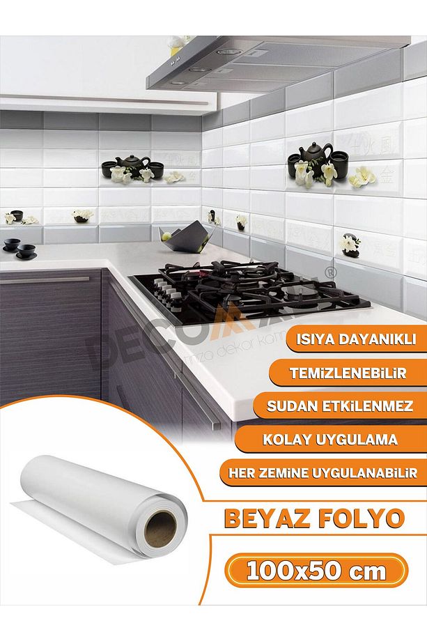 Tek Parça Beyaz Folyo Kaplamayapışkanlı Mutfak Dolapı Mobilya Kaplama Fayans Kaplama - 9