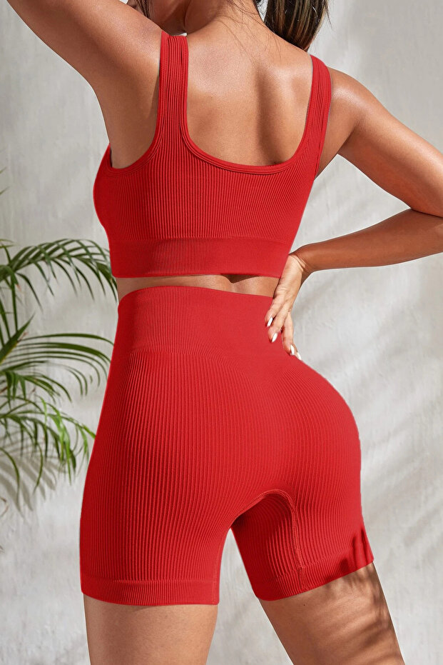 Kadın Kırmızı Kalın Askılı Şortlu Yüksek Bel Gecelik - 2