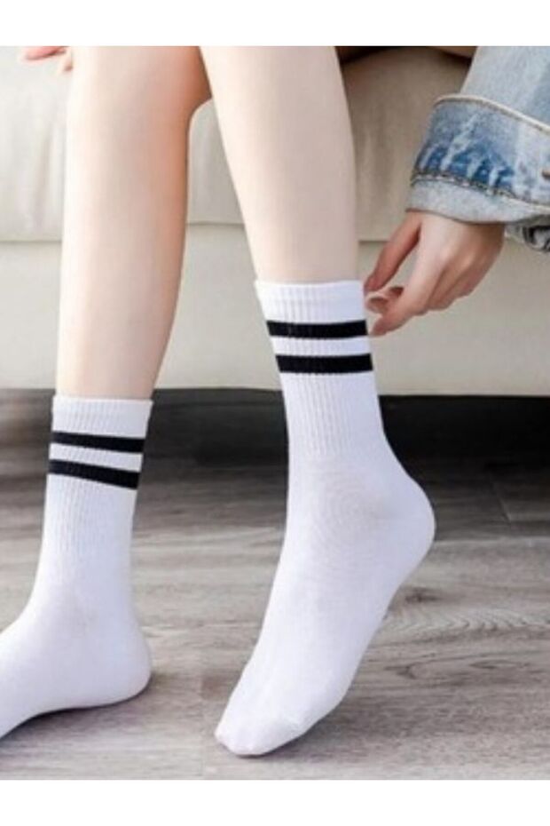 Unisex College Tennis Sports Striped Socks White Package Content 2 Pieces White