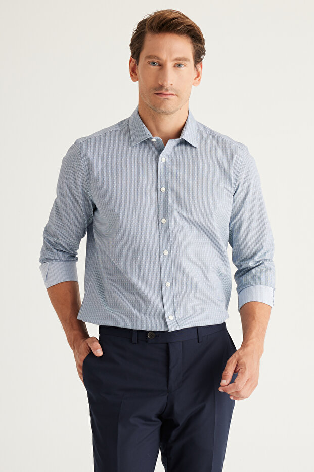 Men's White-Navy Blue Slim Fit Slim Fit Classic Collar 100% Cotton Printed Shirt
