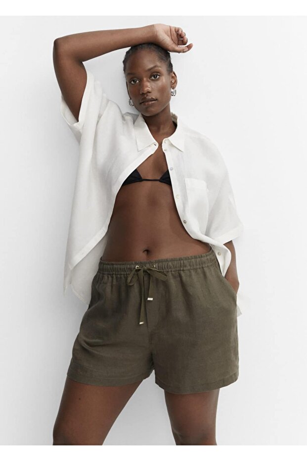 Büzgülü Keten Şort - 7