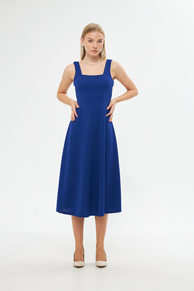Flexible Crepe Fabric Thick Strap Square Neck Midi Length Flared Design Cobalt Blue Evening Dress 086