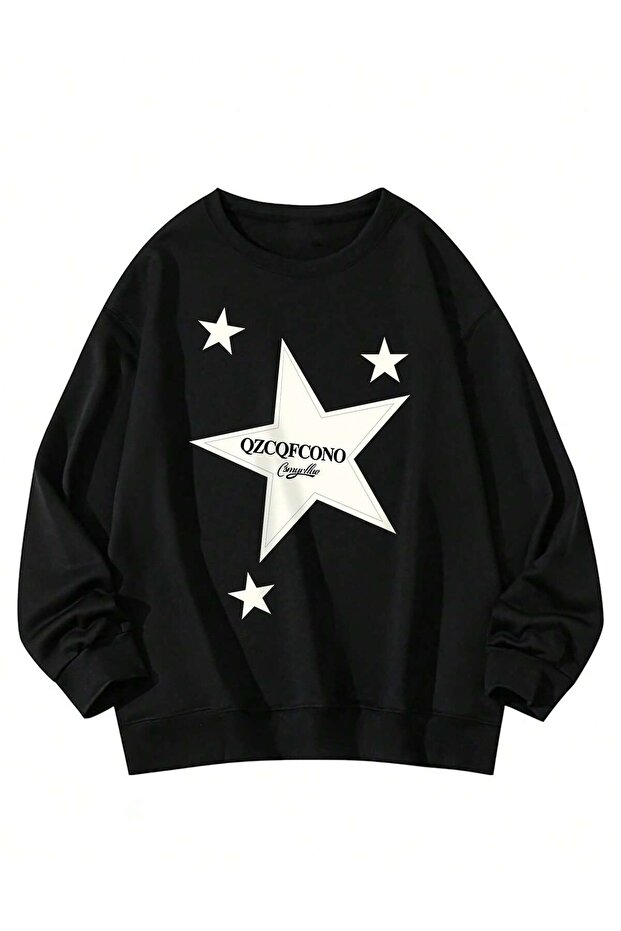 بلوفر بكتف منسدل بنمط الحروف والنجمة باللون الأسود - 3