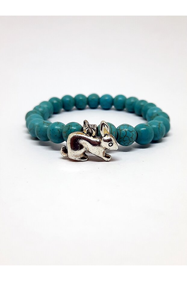 Turquoise Women's Natural Stone Design Bracelet with Hanging Rabbit Figure