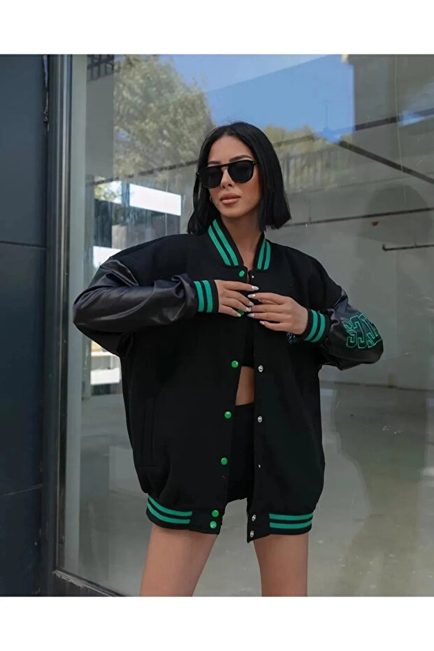 Unisex Oversize Embroidered Pocketed 3 Thread College Jacket