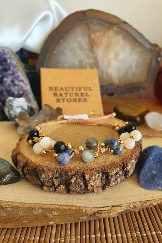 Sagittarius Natural Stone Bracelet ( Mother of Pearl, Lapis lazuli, Obsidian, Labradorite ) 6 mm Hand Knitted