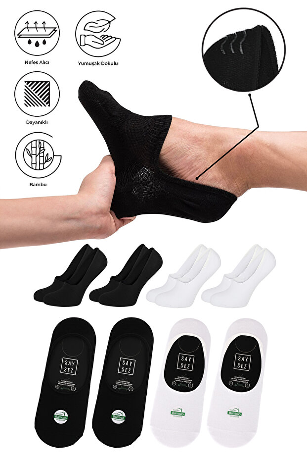 Bamboo Men's Ballerina Ballet Black-White Socks Seamless Invisible Anti-Slip Heel Silicone Premium 4-Piece Pack