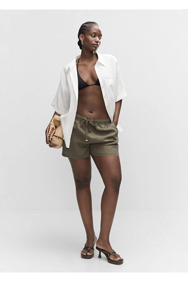 Büzgülü Keten Şort - 5
