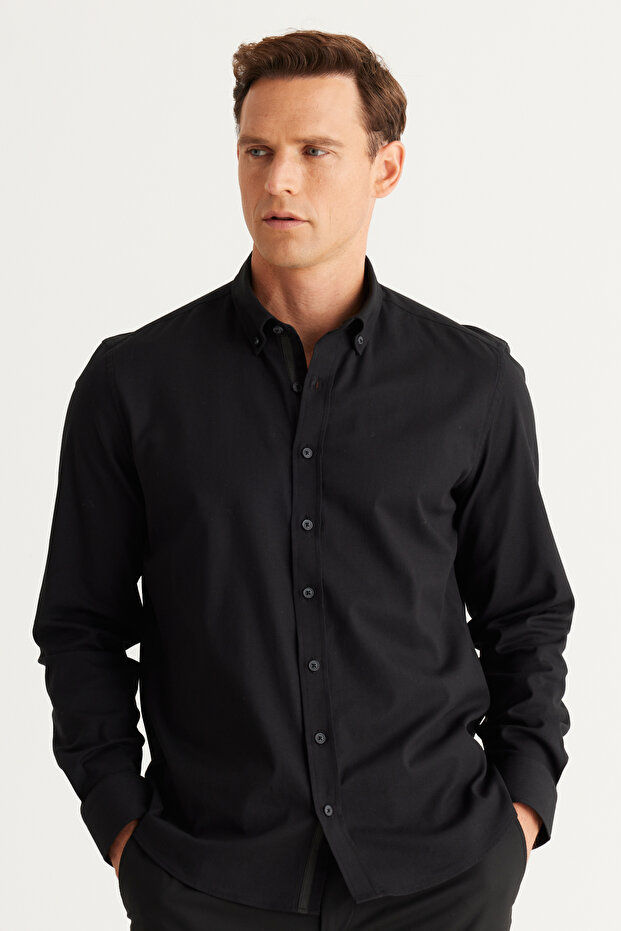 Men's Black Slim Fit Narrow Cut Button Collar Cotton Gabardine Shirt