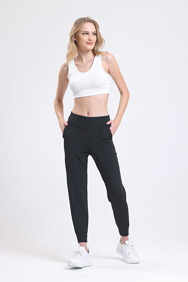 Women's Black High Waist Pocket Elastic Waist Flexible Jogger Pants