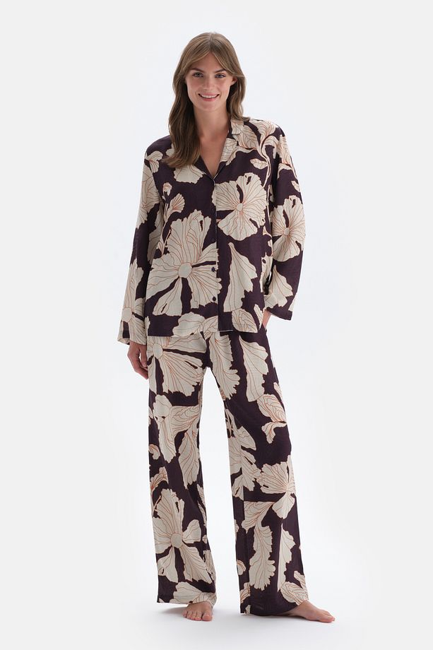 Mor Çiçek Baskı Detaylı Saten Gömlek Pijama Üstü - 6