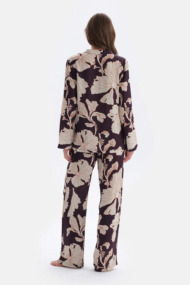 Mor Çiçek Baskı Detaylı Saten Gömlek Pijama Üstü - 2