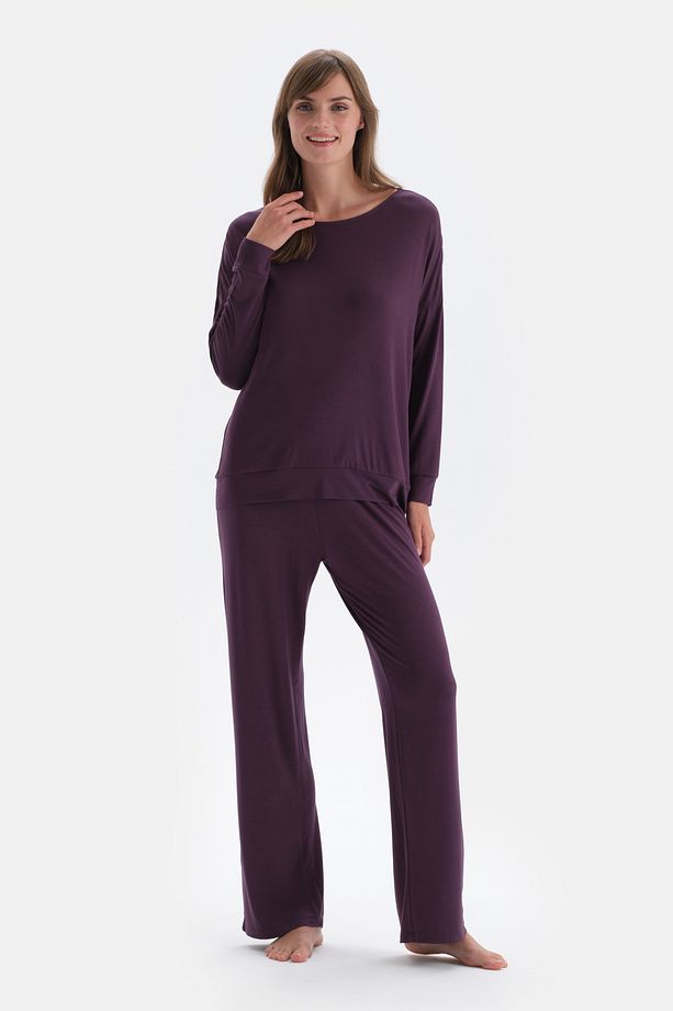 Mor Kayık Yaka Uzun Kollu Modal Pijama Takımı - 1
