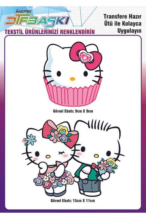 Hello Kitty 2 Adet Ütü ile Yapışan Tekstil DTF Baskı - 1