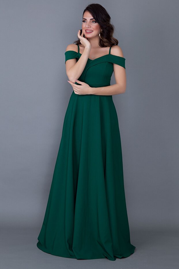 Pánt nélküli, alacsony vállú, dupla mellű nyakú maxi hosszúságú smaragdzöld nagy méretű estélyi ruha 342 - 5