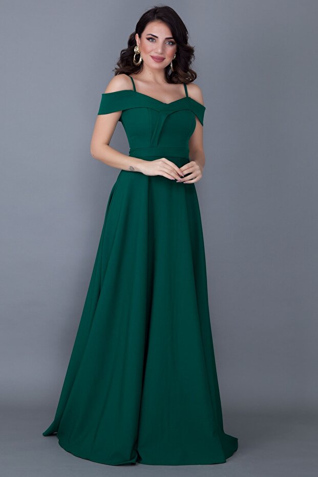 Pánt nélküli, alacsony vállú, dupla mellű nyakú maxi hosszúságú smaragdzöld nagy méretű estélyi ruha 342 - 4