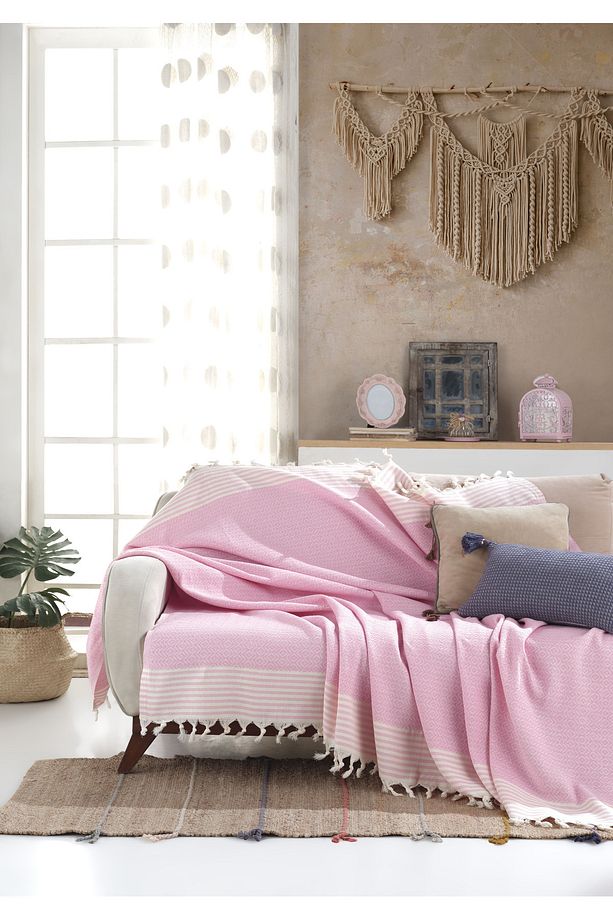 Bergama Pembe 2 Adet Koltuk Örtüsü 180 X 200 Cm Koltuk Şalı Kanepe Berjer Örtüsü Pamuklu Throw - 3
