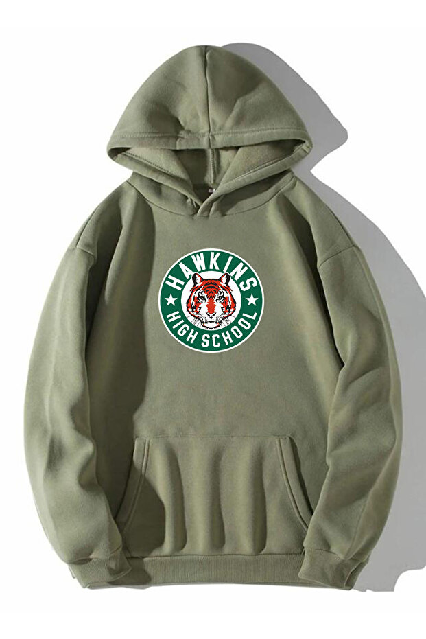 High School Printed Unisex Kangaroo Pocket Hooded Khaki Sweatshirt Hoodie