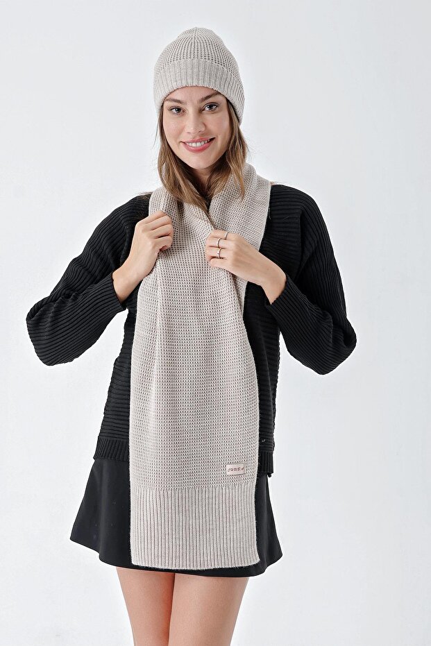 Women's Soft Buttoned Knitted Detailed Scarf Beanie Set Beige 24W132