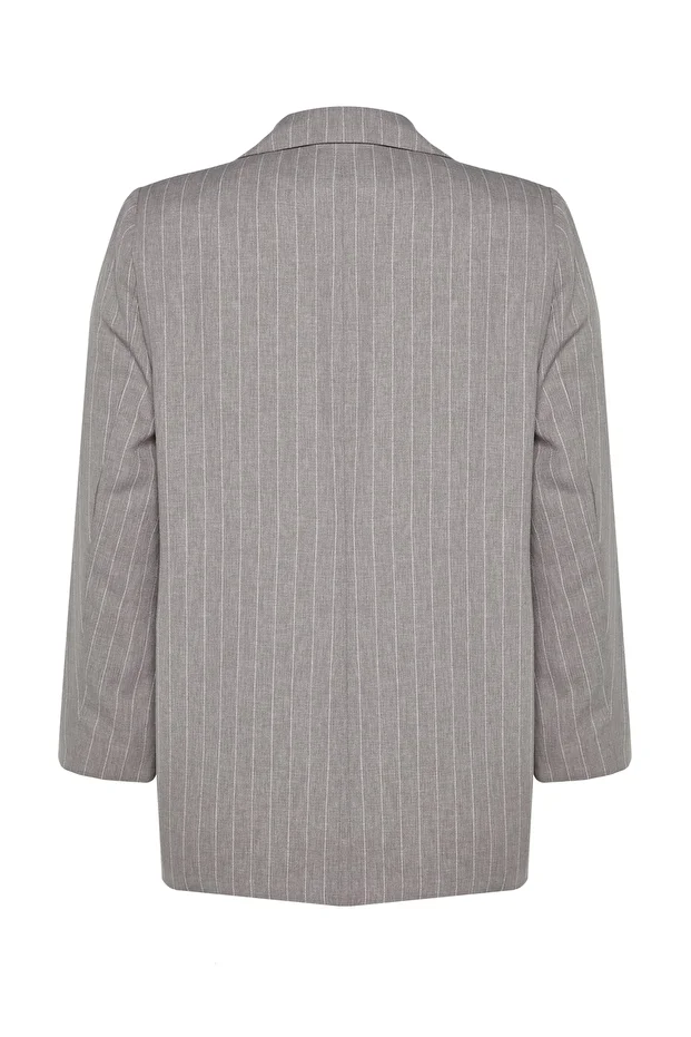 Plus Size Gray Striped Double Breasted Jacket - Double Coverage and Lining TBBAW24AG00001 - 7