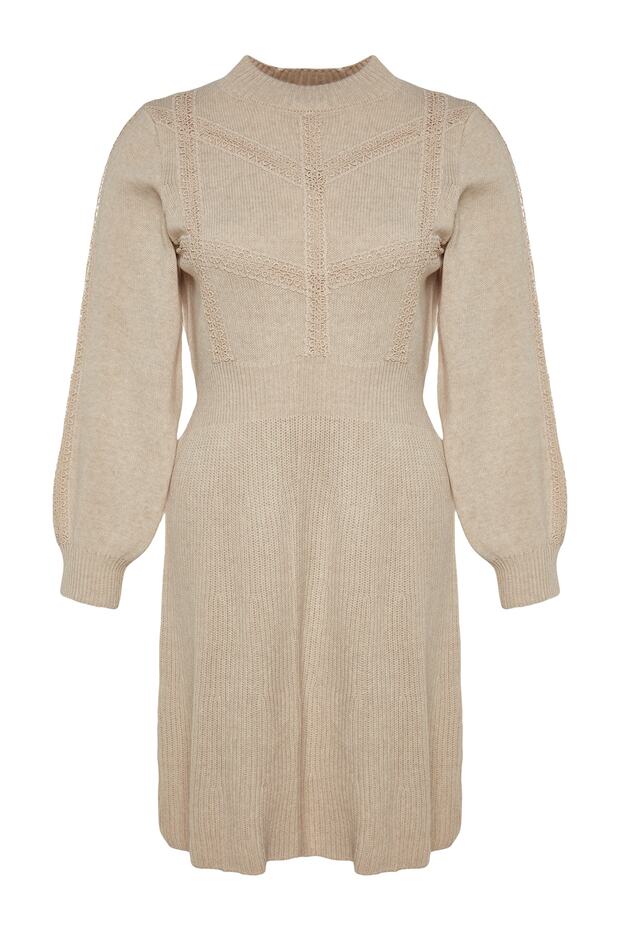 Béžové pletené podrobné žebrované šaty pro větší velikost a těhotenské pletené šaty Tbbaw24Ah00018 - 8
