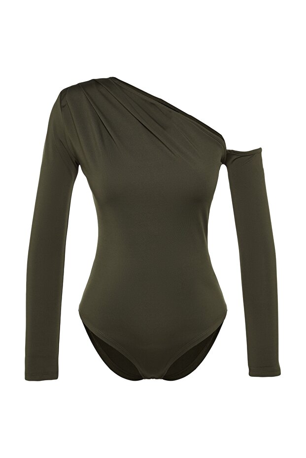 Haki Asimetrik Yaka Uzun Kollu Esnek Çıtçıtlı Örme Body TWOAW22BD0080 - 8