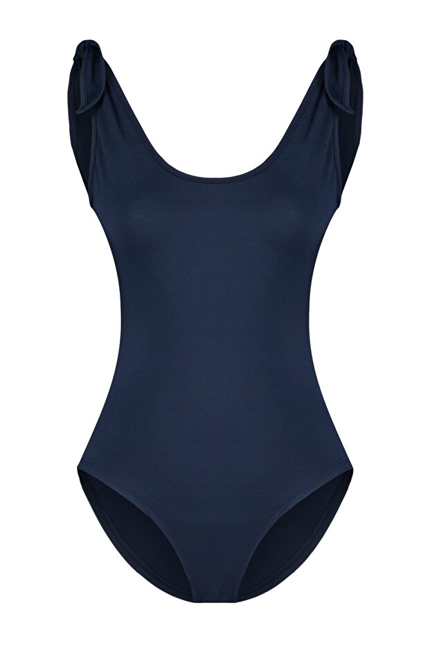 Lacivert Bağlama Detaylı Havuz Yaka Sırt Dekolteli Örme Body TWOSS23BD00088 - 7