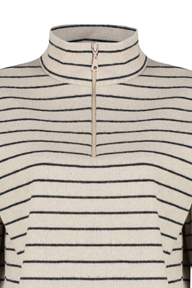 Jasnobeżowa bluza z dzianiny w paski Thessaloniki, zapinana na zamek, stójka, regularny/normalny krój TWOAW22SW0732 - 7