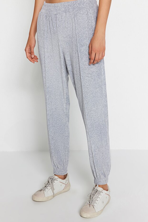 Graue lockere Jogger-Strick-Jogginghose aus Samt TWOAW21EA0201 - 5
