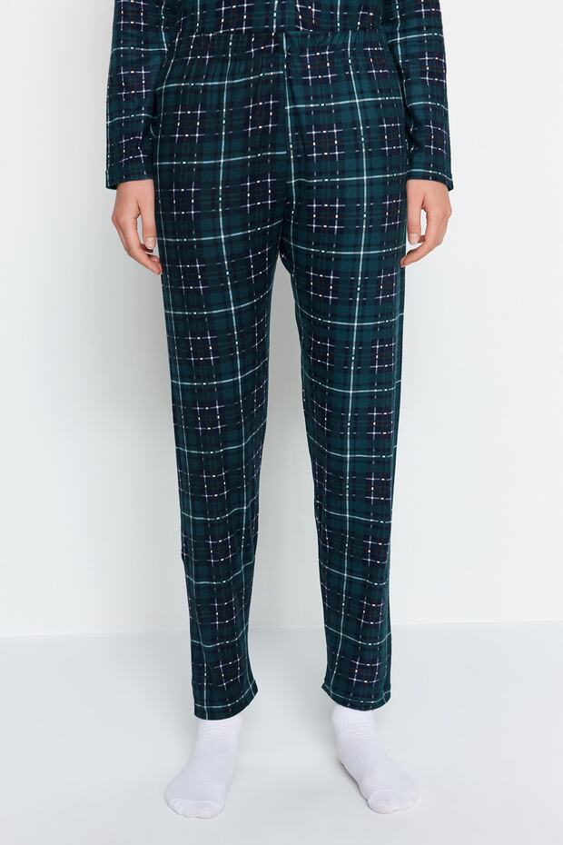 Yeşil Ekoseli Yumuşak Hissiyatlı Fırçalı Kumaş Uyku Bantlı Örme Pijama Takımı THMAW24PT00100 - 7