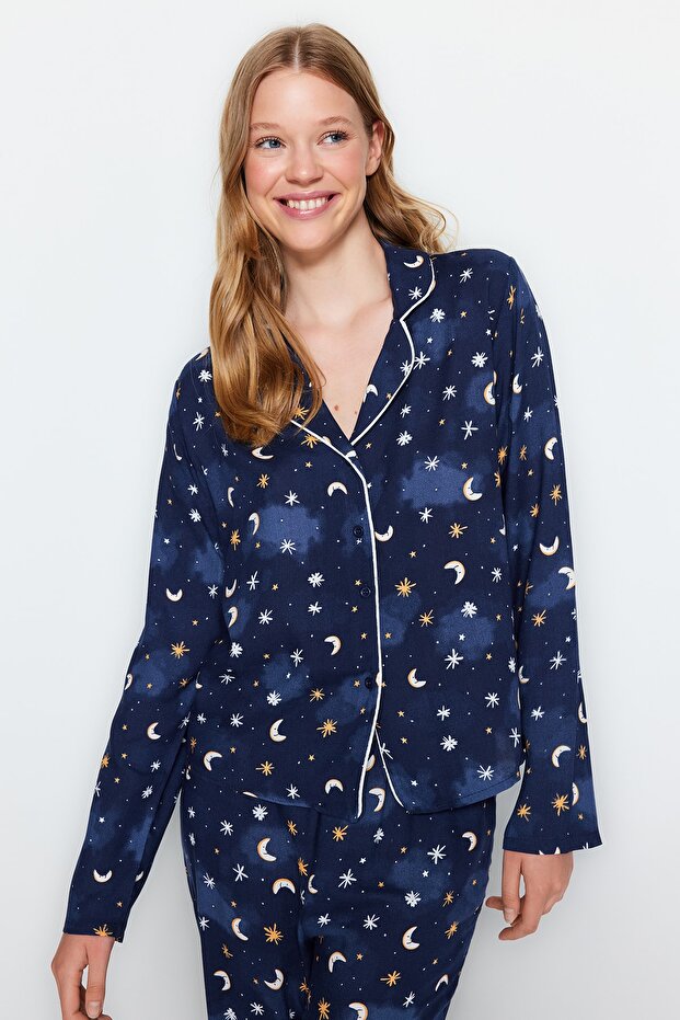 Indigo Galaksi Desenli Viskon Dokuma Pijama Takımı THMAW24PT00093 - 2