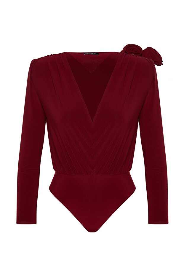 Bordo Kruvaze Yaka Gül Aksesuar Detaylı Body TPRAW24BD00012 - 7