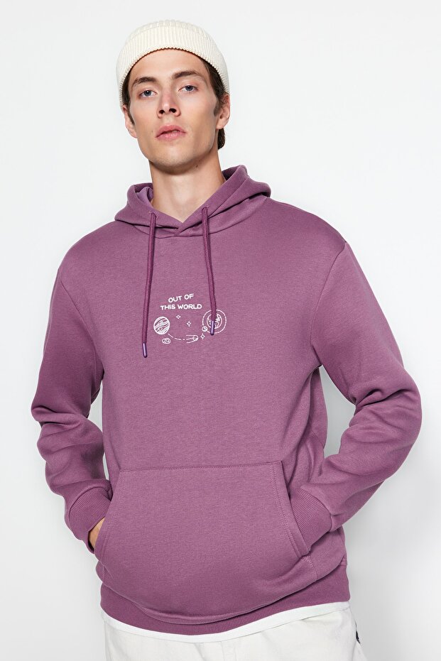 Lila Regular/Normal Kesim Uzay Nakışlı Kapüşonlu İçi Polar/Sıcak Tutan Sweatshirt TMNAW24SW00101 - 2