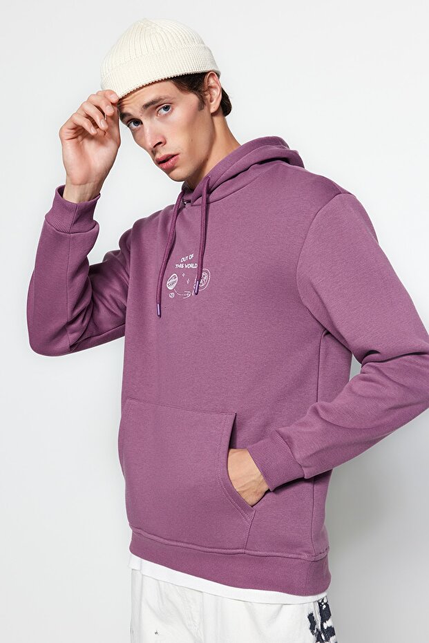 Lila Regular/Normal Kesim Uzay Nakışlı Kapüşonlu İçi Polar/Sıcak Tutan Sweatshirt TMNAW24SW00101 - 3