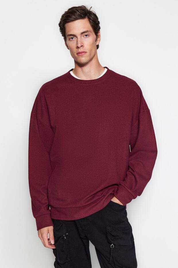 Bordo Bisiklet Yaka Oversize/Geniş Kesim Yumuşak Fırçalı Selanik Sweatshirt TMNAW24SW00057 - 2