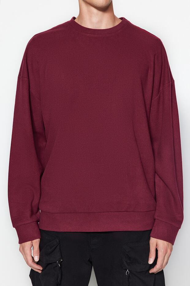 Bordo Bisiklet Yaka Oversize/Geniş Kesim Yumuşak Fırçalı Selanik Sweatshirt TMNAW24SW00057 - 4