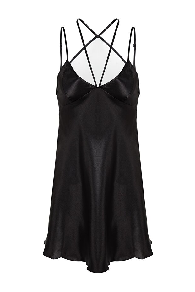 Siyah Saten Biye Detaylı İp Askılı Babydoll/Fantezi Gecelik THMAW24LL00001 - 6